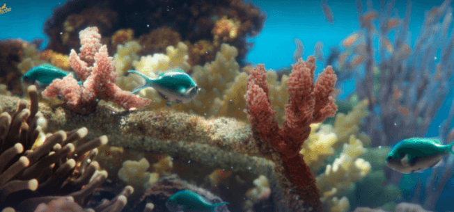 La barriera corallina con un pesce blu che le nuota accanto